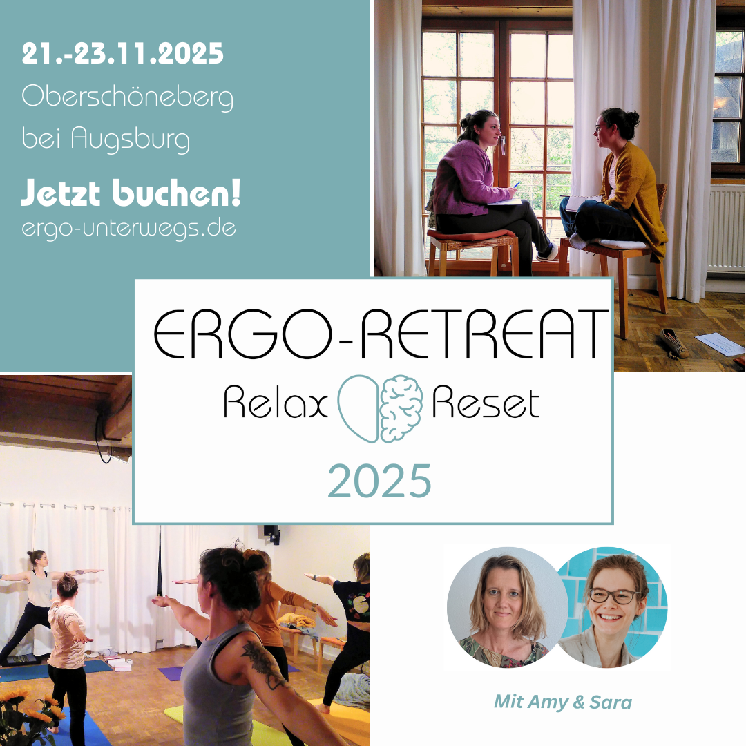 Ergo-Retreat Relax und Reset vom 21. bis 23.11.2025 in Oberschöneberg, mit Amy & Sara. Bilder von Menschen beim Yoga und in entspannten Gesprächen.